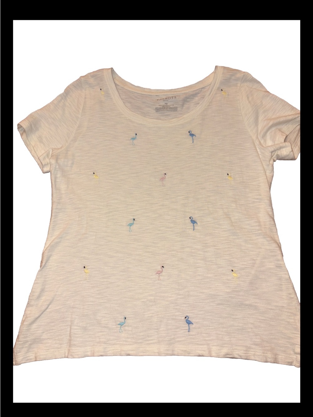 Talbots Women White Flamingo Embroidered Short Sleeve Tee size Medium Petite EUC